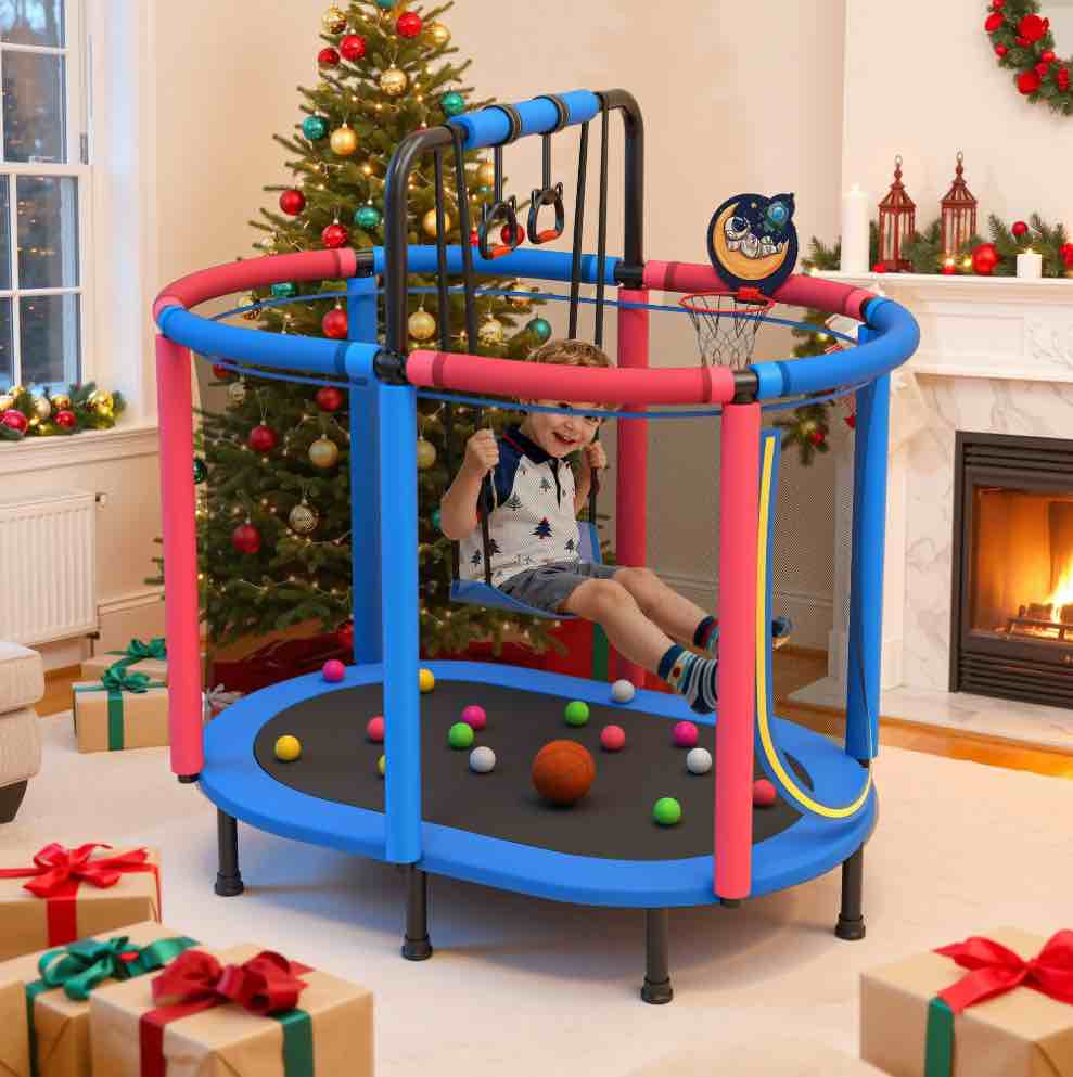 60  Toddler Trampoline with Safety Enclosure Net  SEGMART Upgraded Kids Trampoline with Basketball Hoop  Swing  Rings  Balls  Indoor Outdoor Mini Trampoline Birthday Gift for Kids Ages 3-9