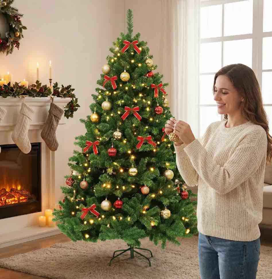 Syvvy Christmas Tree Artificial Hinged 450 Dense Branch Green Outdoor Indoor 5ft