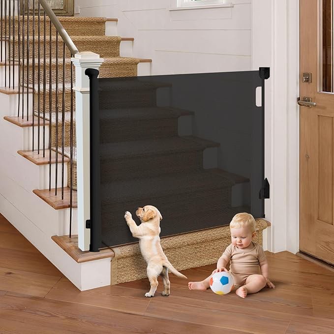 Fxcoia Retractable Baby Gate 60Wide×38"Tall,Safety Mesh Dog Gates for Doorways & Stairs, black