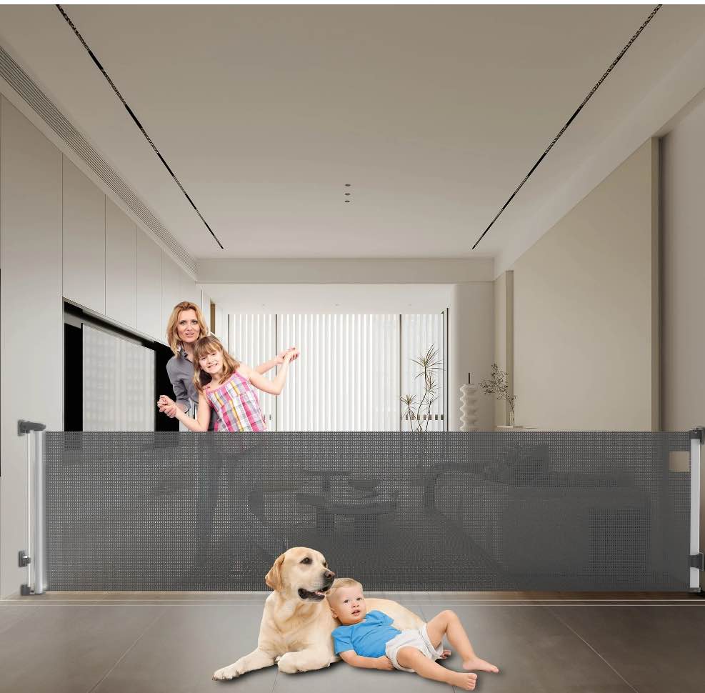 Fxcoia Retractable Baby Gate 71"Wide×38"Tall,Safety Mesh Dog Gates for Doorways & Stairs,Gray