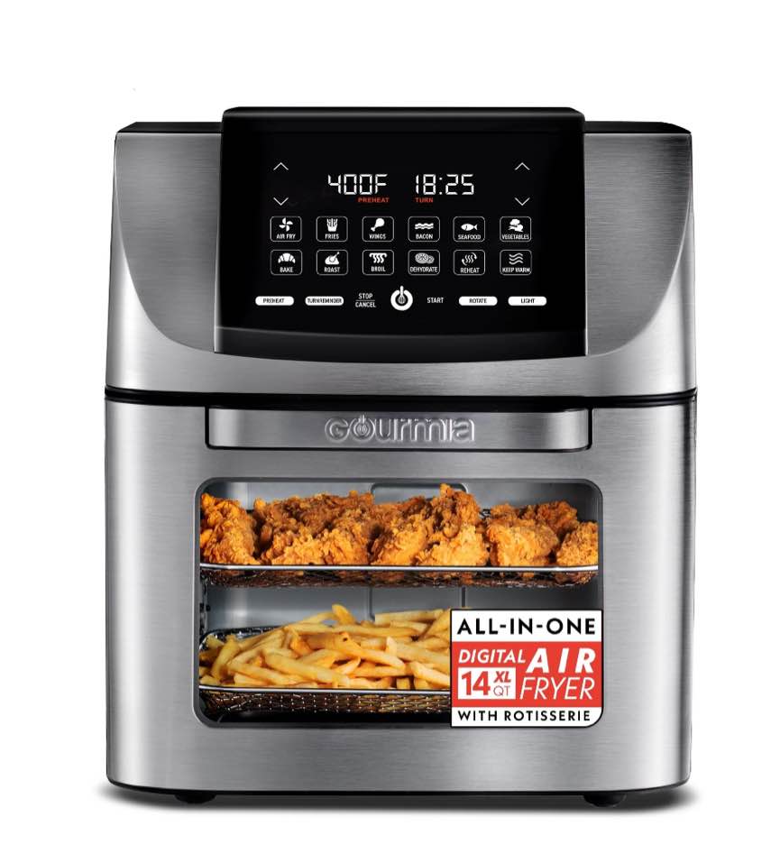 Gourmia 14 Qt Air Fryer Oven, 12 Presets, Rotisserie, FryForce 360°, Stainless Steel
