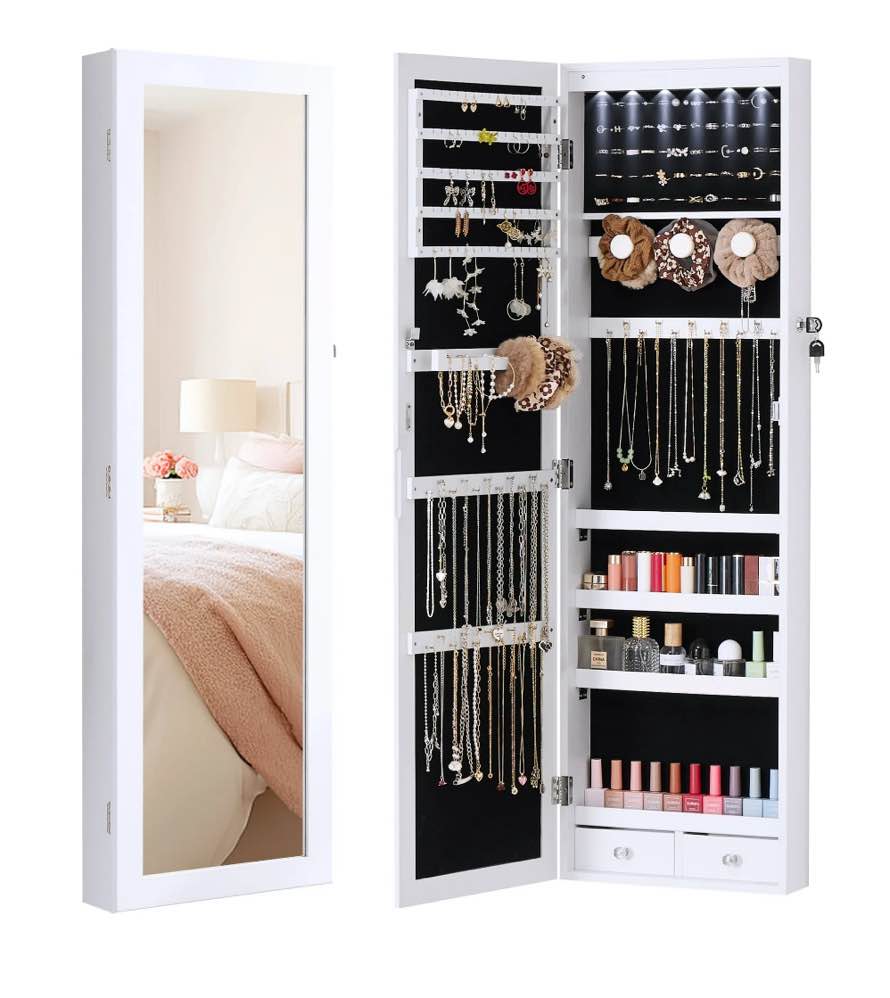 edx Full-Length Mirror Jewelry Cabinet with 6 LED Lights, Wall Door Mounted Large Jewelry Armoire Organizer with Makeup Storage