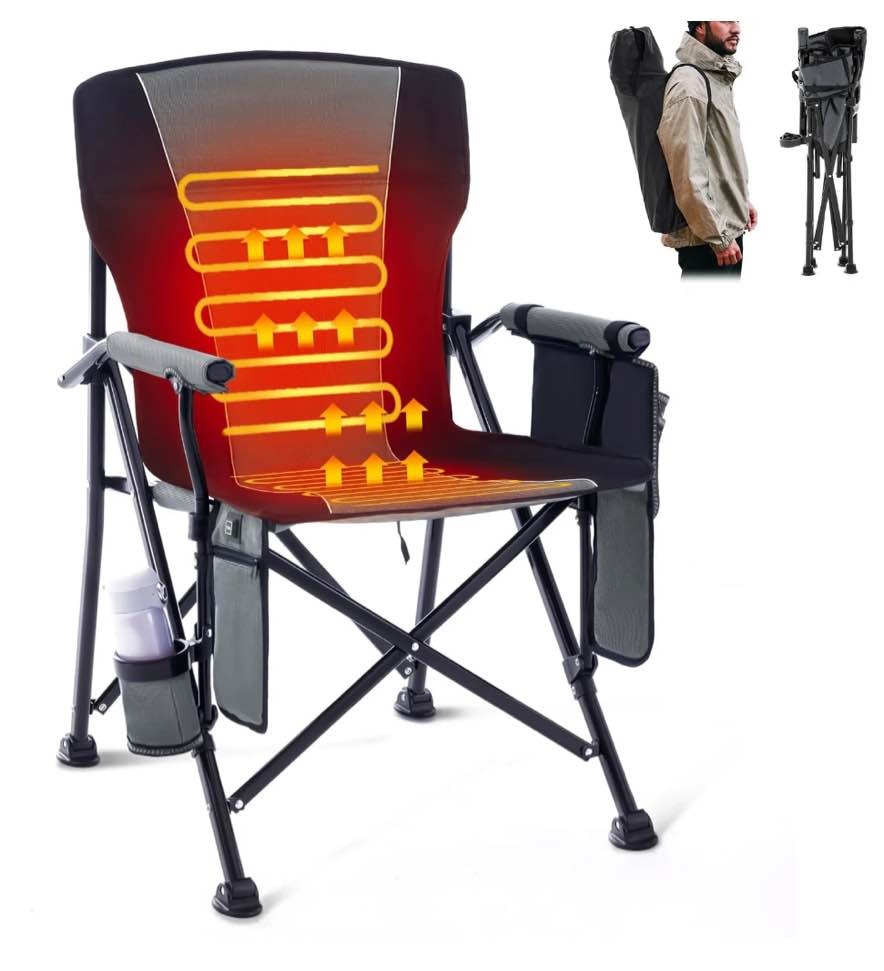 UMINEUX Camping Chairs, Portable Heated Folding Chairs for Outdoor Sports, Heavy Duty Lawn Chairs for Adults Support 400lbs, Heated Camp Chair with Cup Holder,Gray