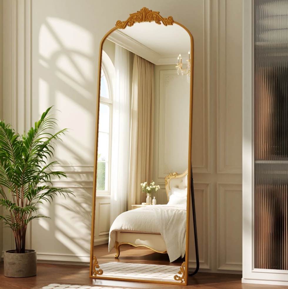 BEAUTYPEAK 70"x24" Full Length Mirror with Baroque Flower Head Design Wall-Mounted Mirror,Gold