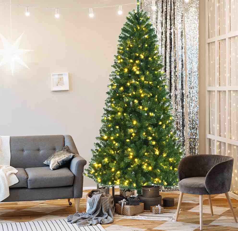 Costway - 7ft Pre-lit Hinged Christmas Tree w/ Remote Control & 9 Lighting Modes - Green