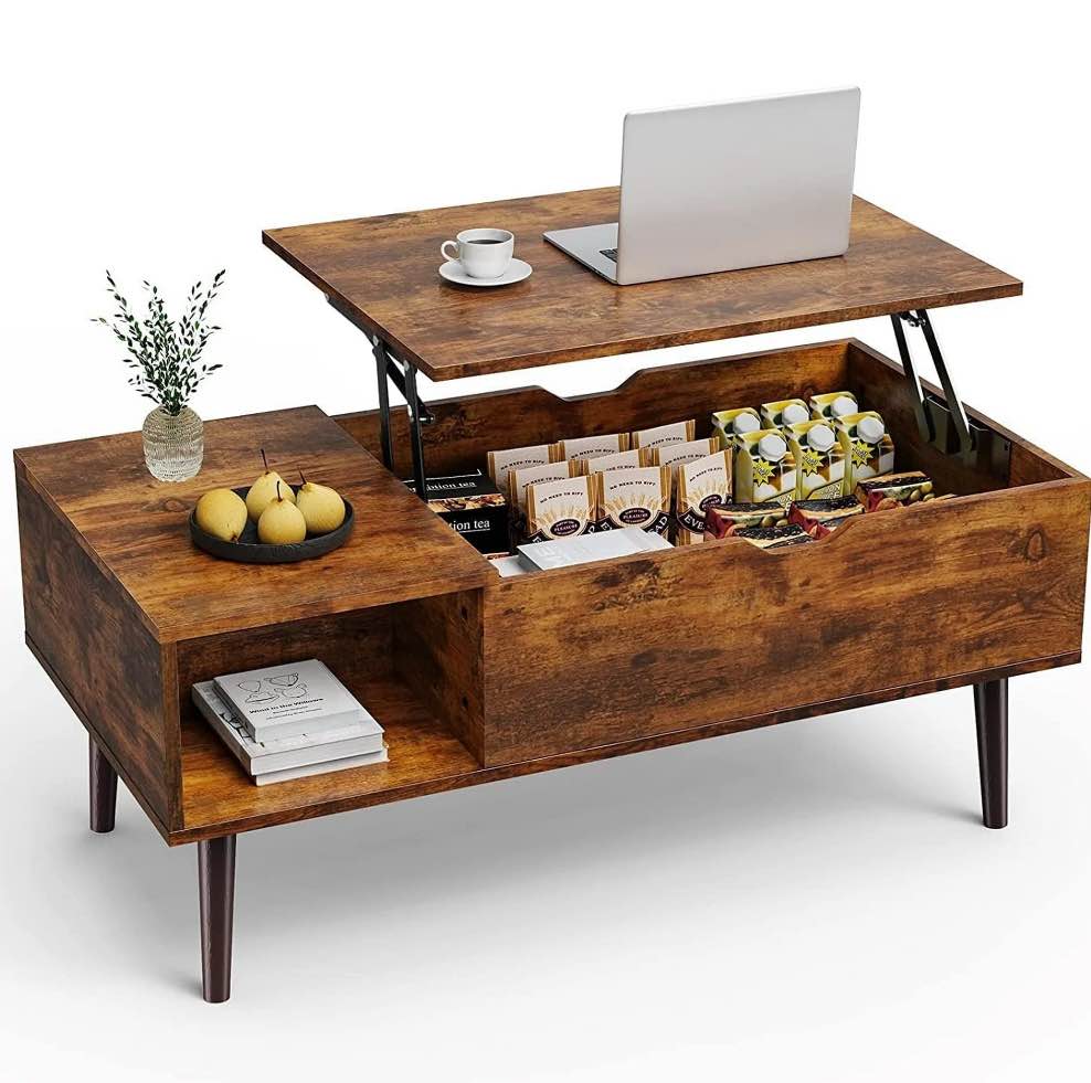 edx Adjustable Height Wooden Coffee Table with Hidden Compartments and Shelves - Perfect for Small Homes, Apartments, Reception Rooms, Rust Brown