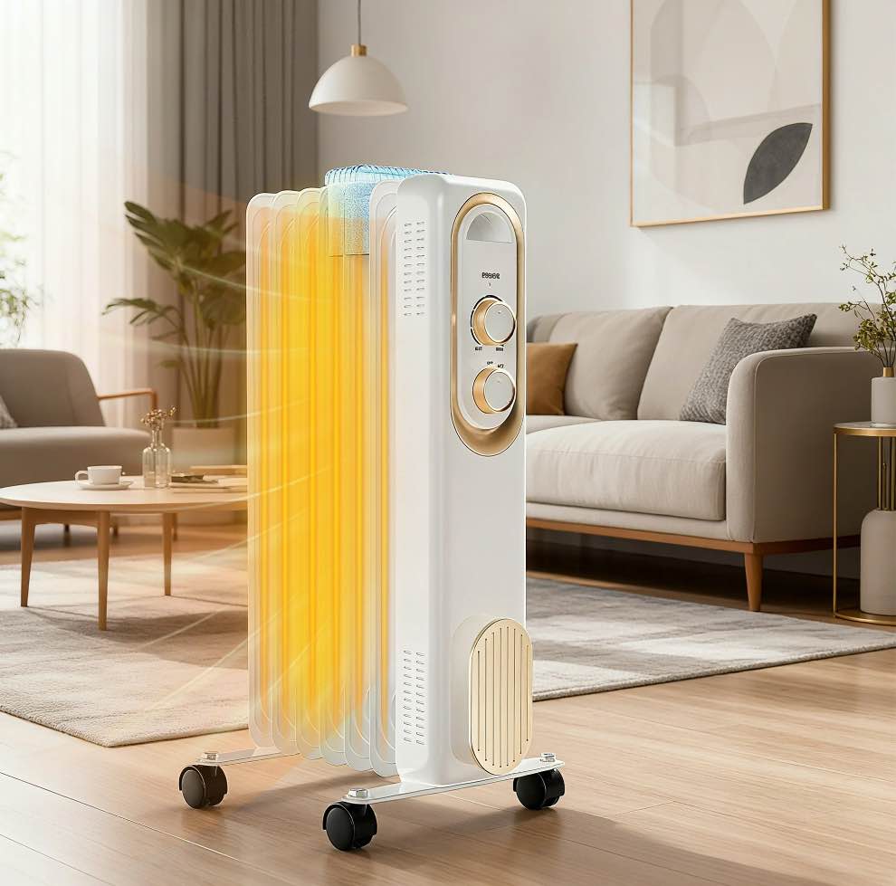 edx Basic Electric Oil Filled Radiator, 1500W Space Heater with Adjustable Thermostat, White, 22.83 x 11.81 x 4.92 in