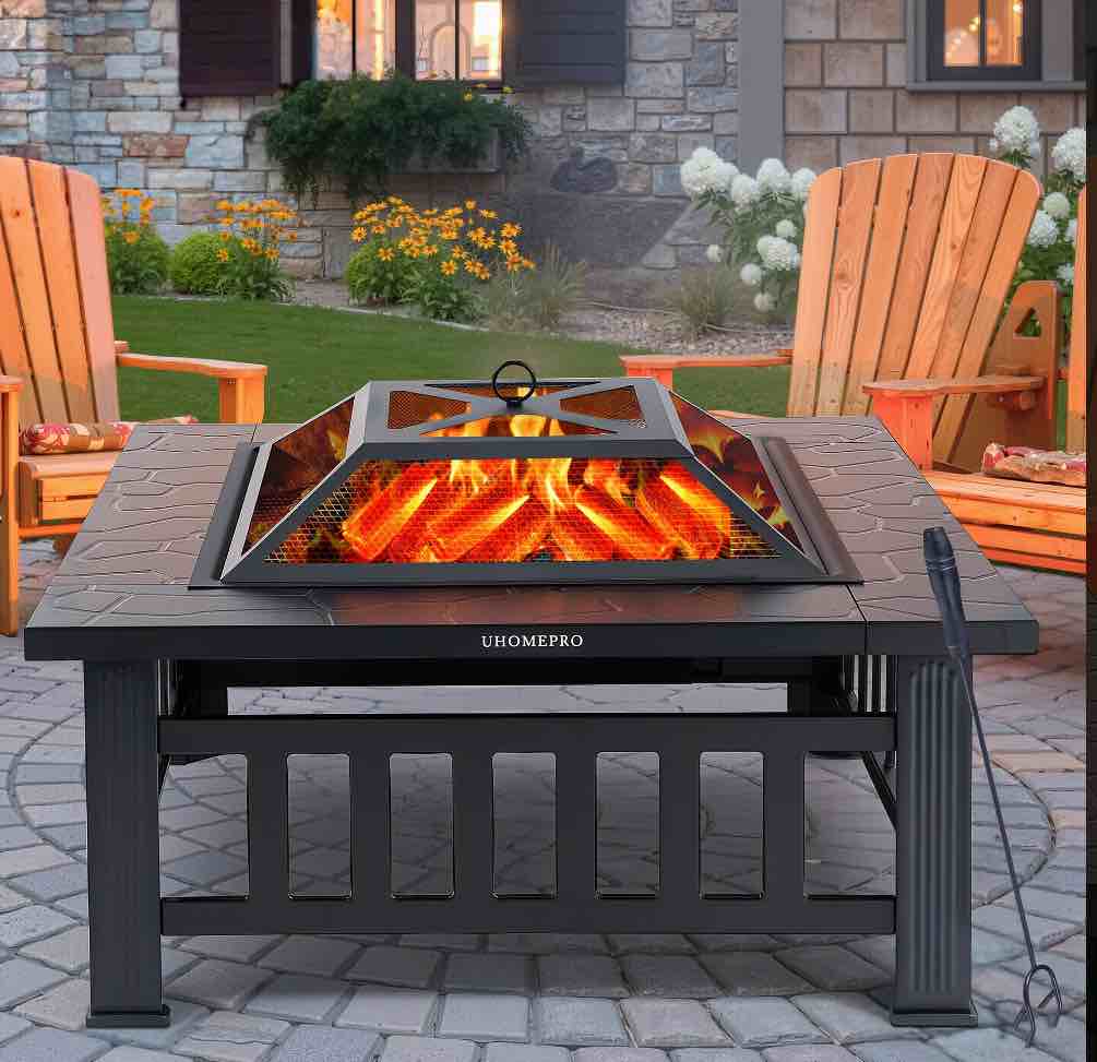 Fire Pits for Outside, 32" Wood Burning Fire Pit Tables with Screen Lid, Poker, BBQ Net, Ice Tray, Food Clip and Cover, Backyard Patio Garden Outdoor Fire Pit/Ice Pit/BBQ Fire Pit, Black