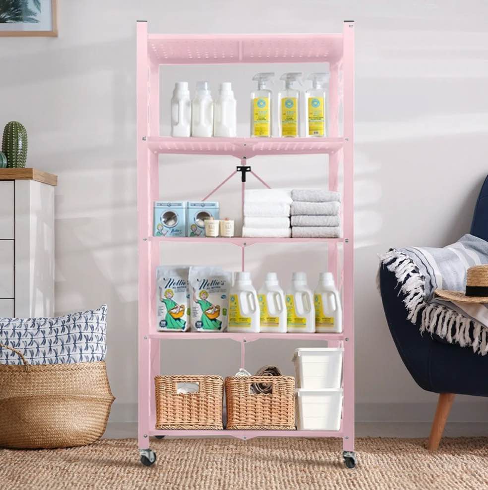 COOKCOK 5-Tier Storage Shelving Unit  Metal Shelf 27.9 x13.4 x62.5  Foldable Storage Shelf with Wheels  Garage Shelf  Kitchen Shelf with 4 Hooks  No Assemble Require  Pink