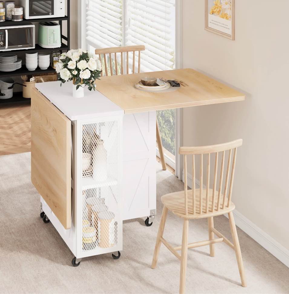 Cocosity Space Saving Versatile Folding Kitchen Dining Table with Wheels & Storage Shelf for Small Apartment