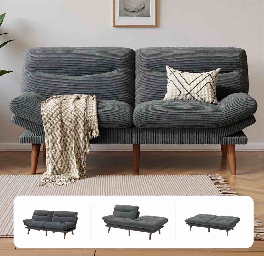 CHITOOMA 66" Futon Sofa Bed with Adjustable Backrest and 6-Level Armrests, Grey Corduroy Convertible Futon Couch, Comfy Loveseat for Small Spaces, Apartment or Office