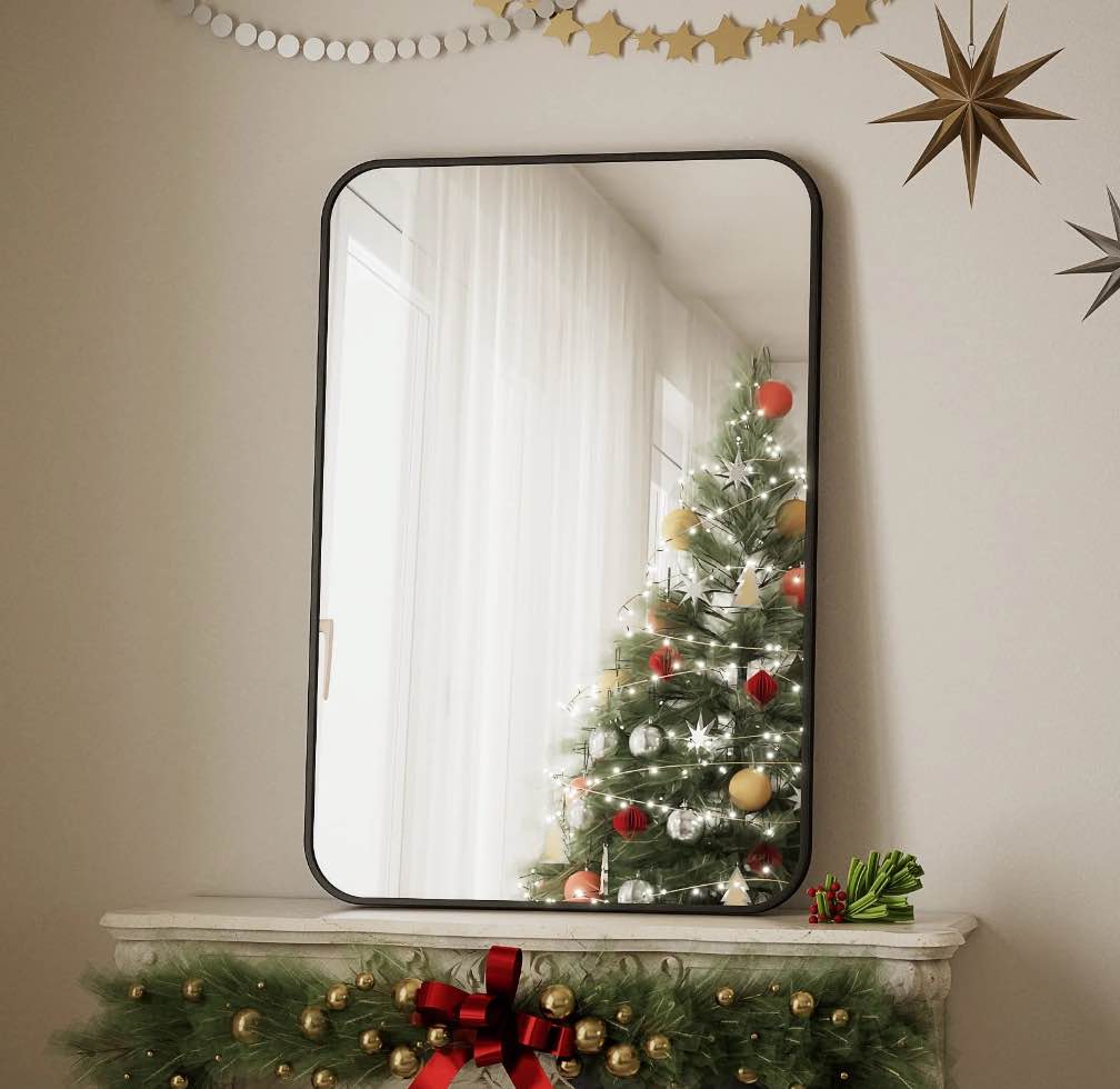 BEAUTYPEAK 24"x36" Wall Mirror Rounded Corners Hanging Vanity Mirror Black