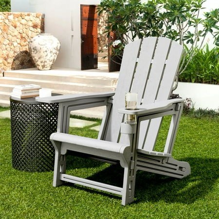 Chiccushion Folding Adirondack Chair with Cup Holder HDPE All-Weather Patio Chairs Wooden Textured Lawn Chair for Poolside Backyard Deck Fire Pit