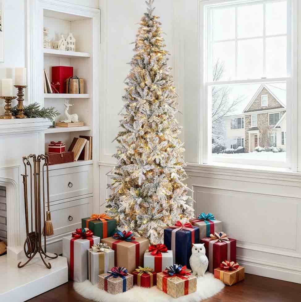 Qunler 7ft Pre-Lit Snow Flocked Artificial PE+PVC Christmas Tree with 350 Warm White 8 Modes LED Lights, Green