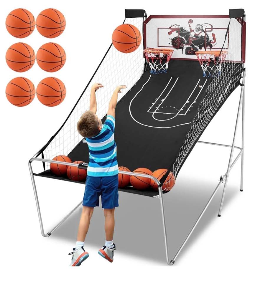 Dual Shot Basketball Arcade Game, Segmart 81"x44" Foldable Indoor Electronic Arcade Basketball Game with 6 Balls, 8 Modes, LED Scoreboard, Air Pump, Battery Powered for Adults, Black