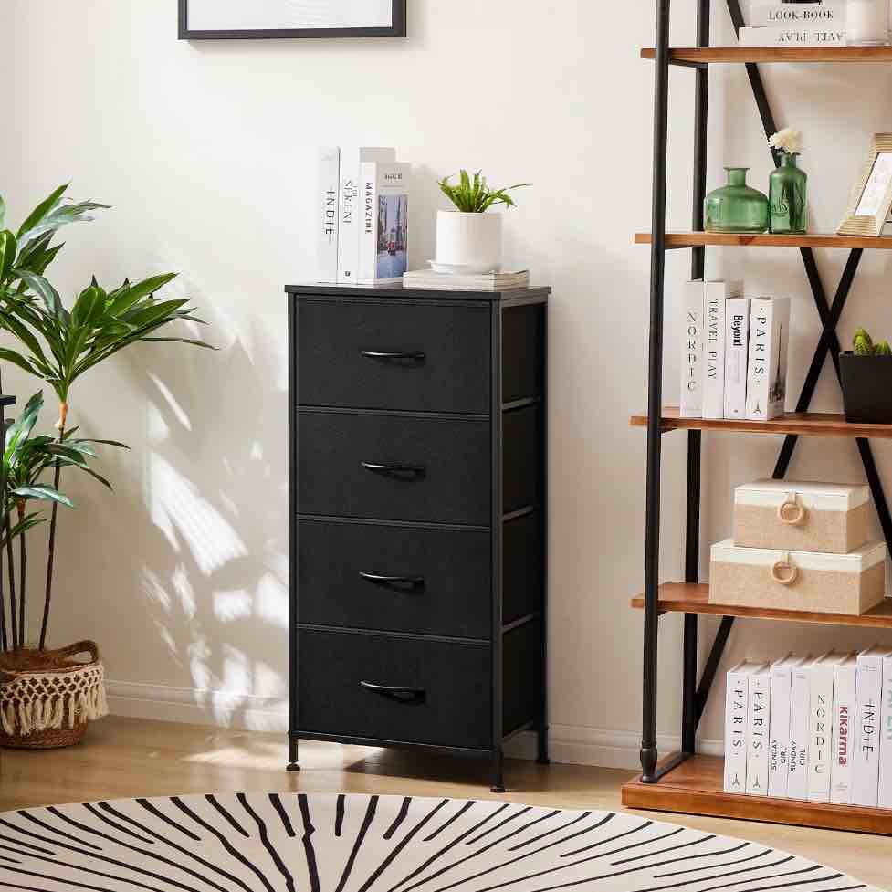 CONCETTA 4 Drawer Dresser, Wide Chest Drawers Nightstand Storage Tower Storage Fabric Dresser With Wood Top for Living Room, Bedroom, Closet, Black