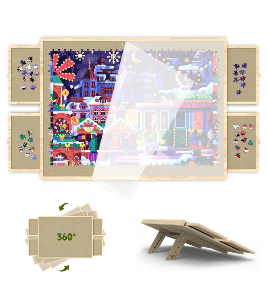 1500 Piece Puzzle Board with Drawers and Cover, Adjustable Tilting Puzzle Board, Portable Wooden Jigsaw Puzzle Table for Adults as a Gift