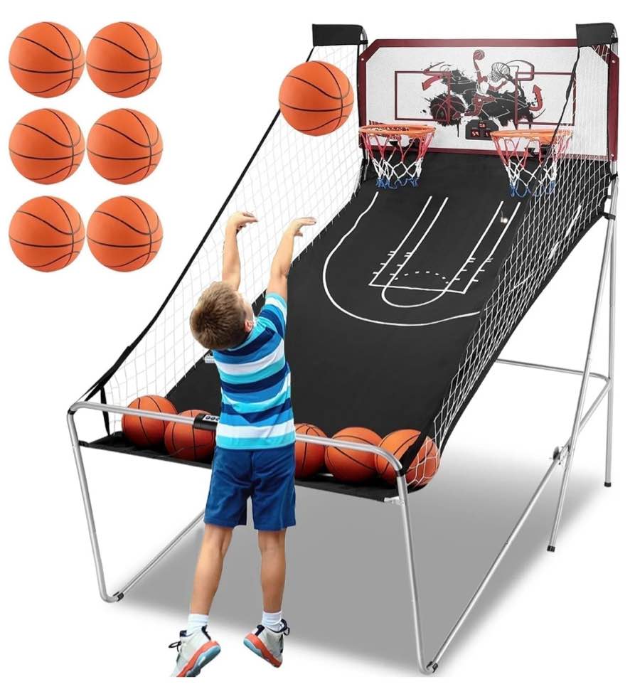Dual Shot Basketball Arcade Game, Segmart 81"x44" Foldable Indoor Electronic Arcade Basketball Game with 6 Balls, 8 Modes, LED Scoreboard, Air Pump, Battery Powered for Adults, Black