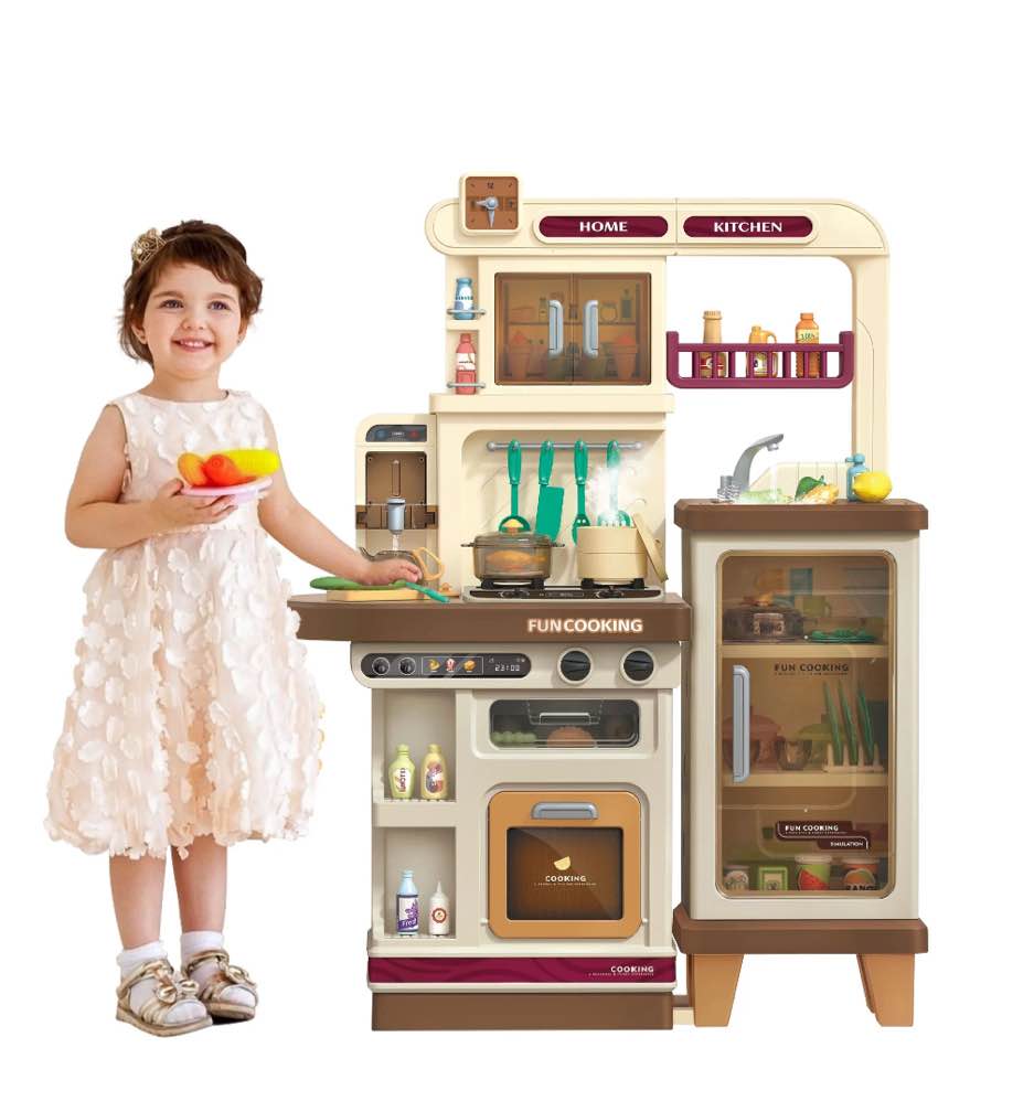 Lookfly 40.6 Inch Play Kitchen Set for Kids, Large Pretend Play Kitchen with Realistic Lights and Sounds, Simulation of Spray for Toddlers Girls Boys Gift, Brown