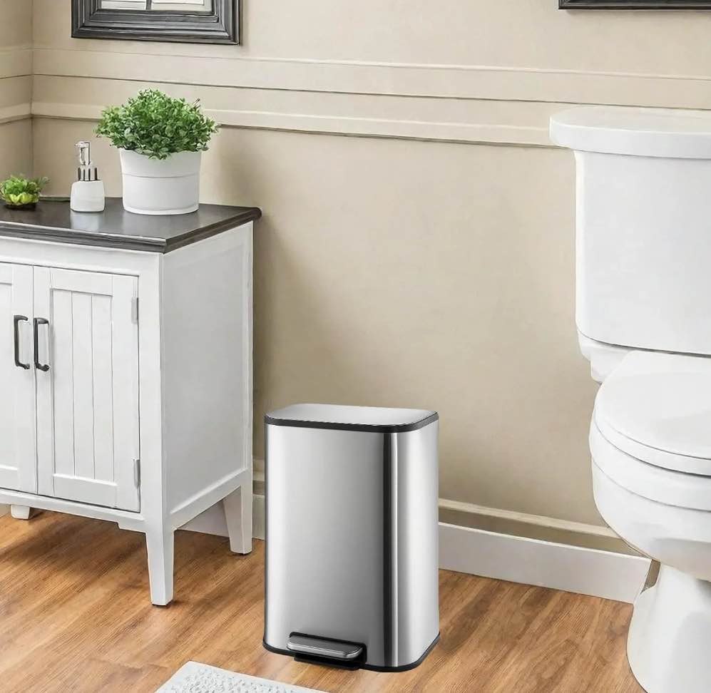 Kitchen Trash Can with Lid, Stainless Steel Garbage Can with Foot Pedal & Removable Inner Bucket, Rectangular Step On Waste Bin for Office Bedroom Living Room