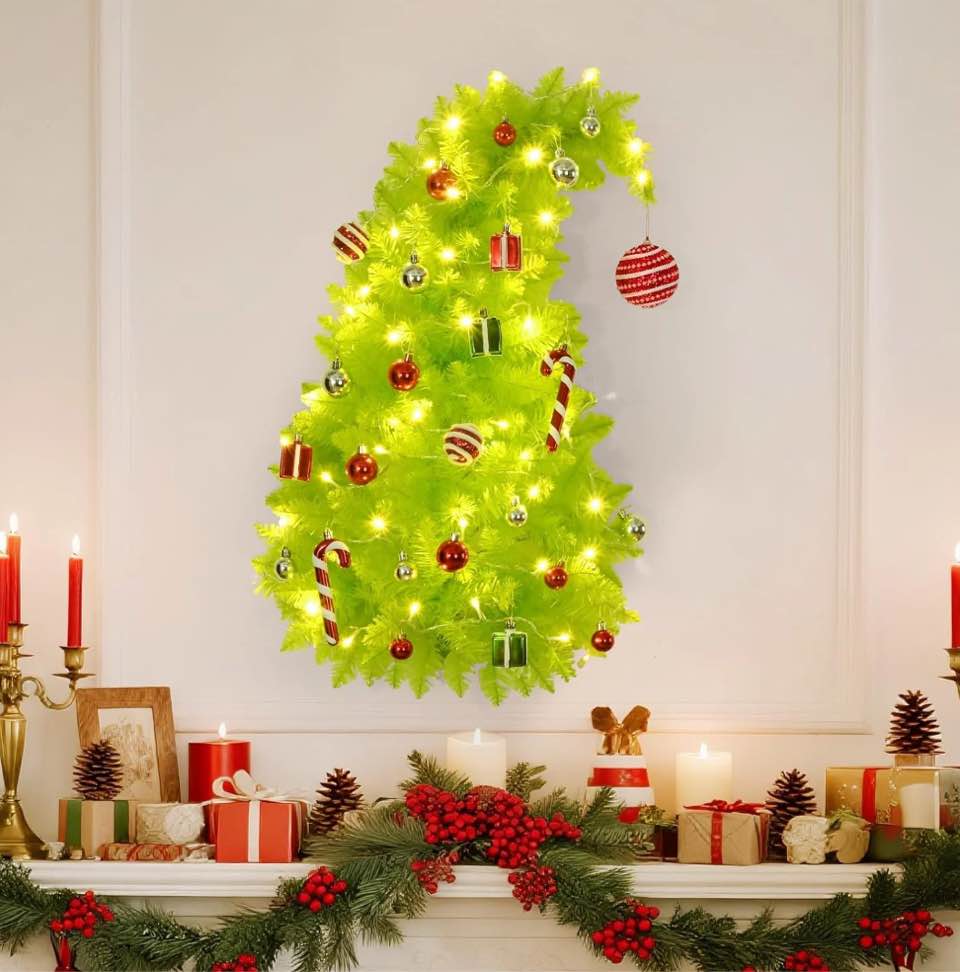 Lyacmy 3 FT Wall Christmas Tree with Lights, Lime Green Half Chrismas Tree for Wall Xmas Indoor Home Christmas Decorations