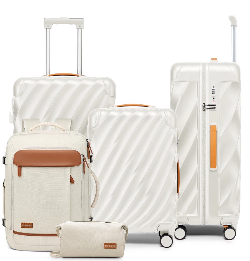 Joyway 5-Piece Luggage Set PC Ultra-Hard Shell Lightweight Suitcase TSA Lock Brake Spinner Wheels (20/24/29) with Backpack White