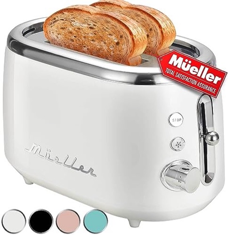 MÜELLERHOME Retro Toaster 2 Slice, 7 Browning Levels, 3 Functions (Reheat, Defrost, Cancel), Stainless Steel Features, Removable Crumb Tray, Under Ba