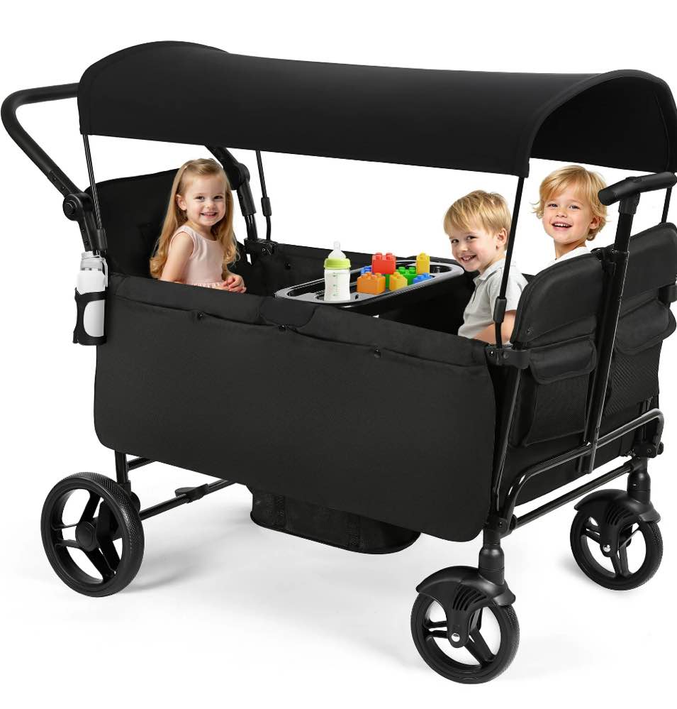 Vomeast Wagon Stroller for Kids, Spacious 4-Seater Stroller Wagon with Adjustable Canopy, Pull & Push Handle, 5-Point Harness, Foldable for Toddlers, Black