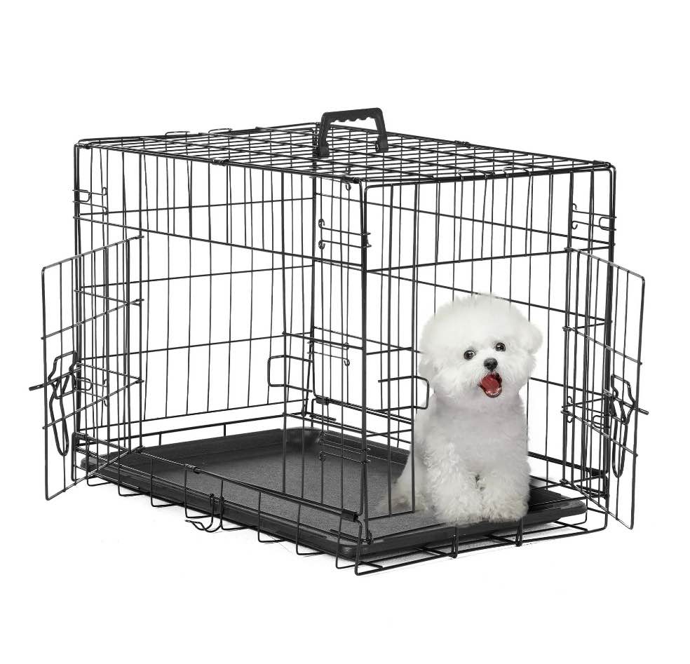 EDX Small Dog Crate with Divider Panel, 24" Double Door Folding Metal Wire Dog Cage with Plastic Leak-Proof Pan Tray