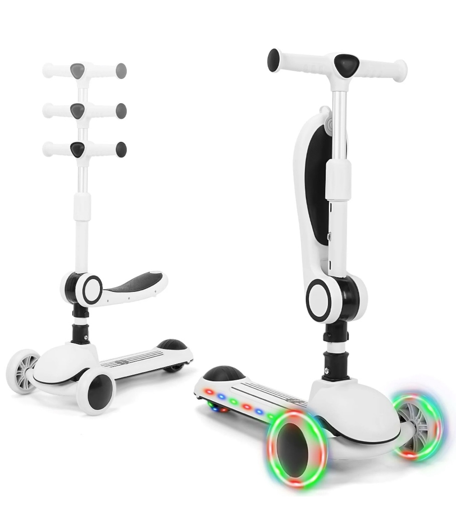 Skyhot Kids Scooter with LED Lighted Wheels, 3 Adjustable Height Handlebars and Foldable Seat - Sit or Stand Ride, Lean-to-Steer & Widen Anti-Slip Deck, Scooters for Kids 3-6, Black