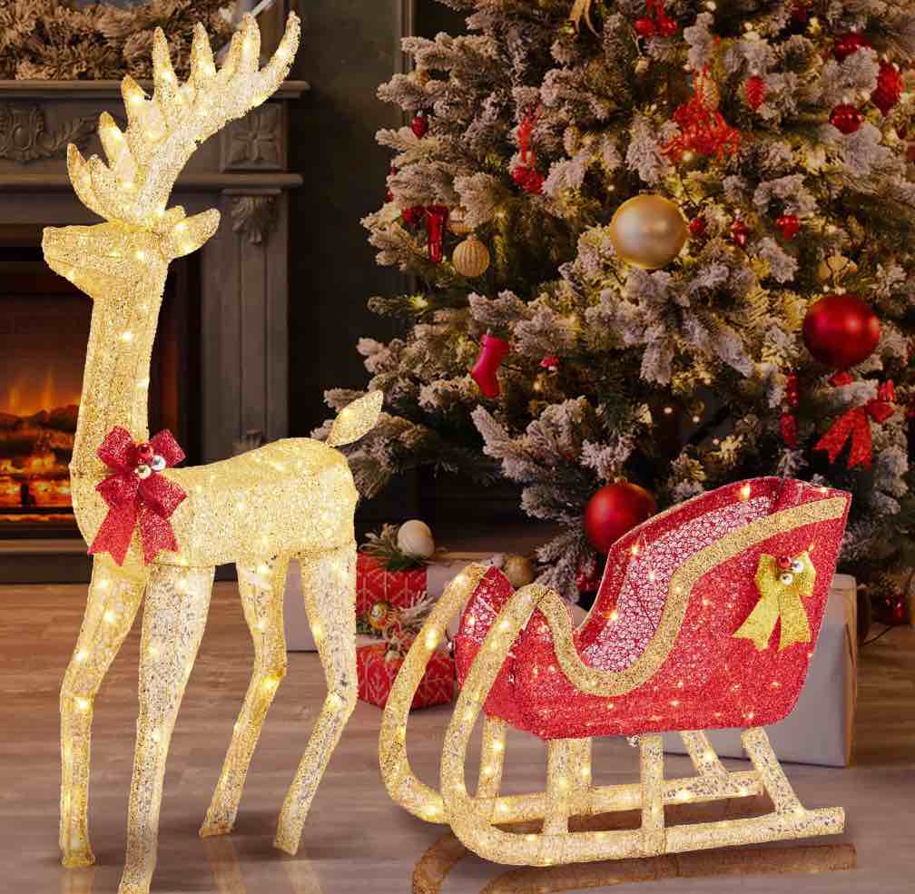 MCQ 4ft Lighted Reindeer with Sleigh, 180 LED Outdoor Christmas Yard Decoration for Holiday, Red Gold