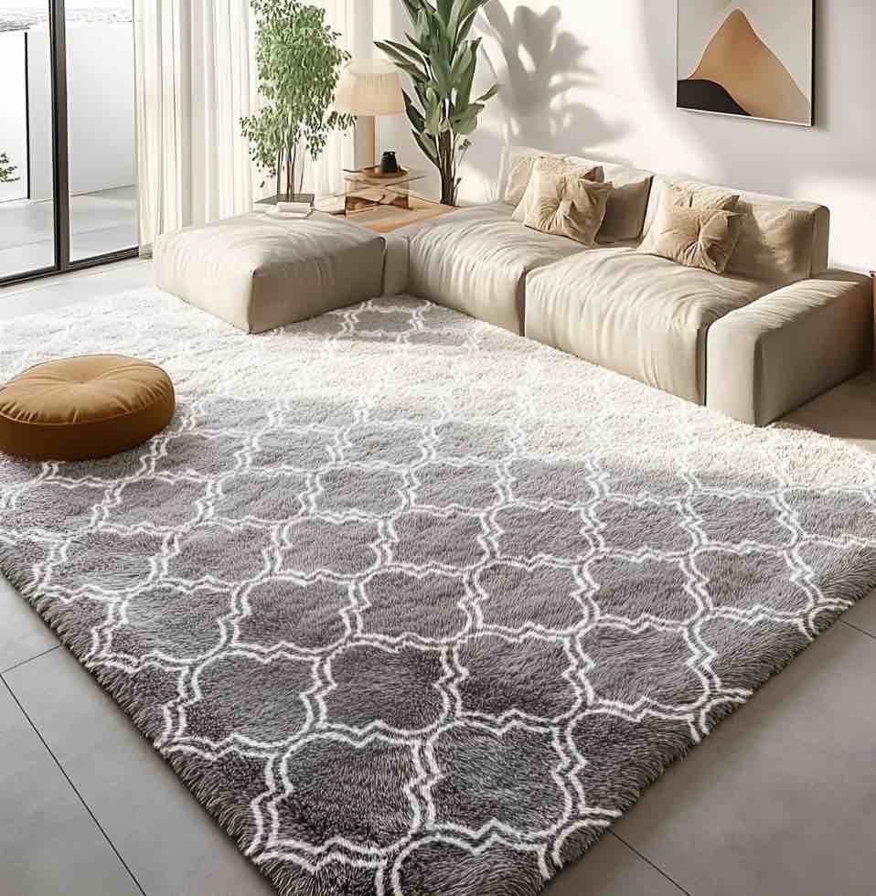Pentantan 8ft x 10ft Geometric Shag Area Rugs for Living Room, Moroccan Fluffy Bedroom Carpet, Light Gray