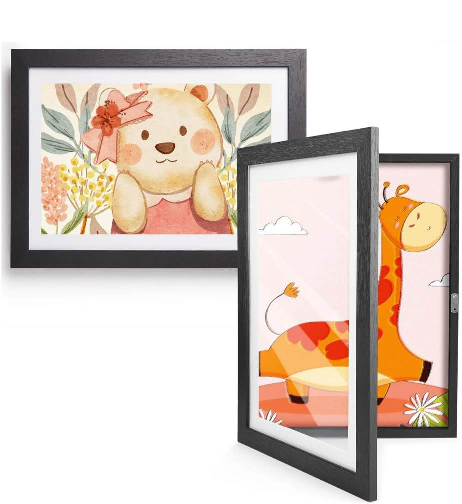Kromapolis Kids Artwork Frames Changeable Front Opening,Set of 2, A4, 8.4x11.8 Art Picture Frame with Mat Display for Room Decor,Children Storage Frame Holds 150 Pcs Drawings,Crafts,Art Project,Black