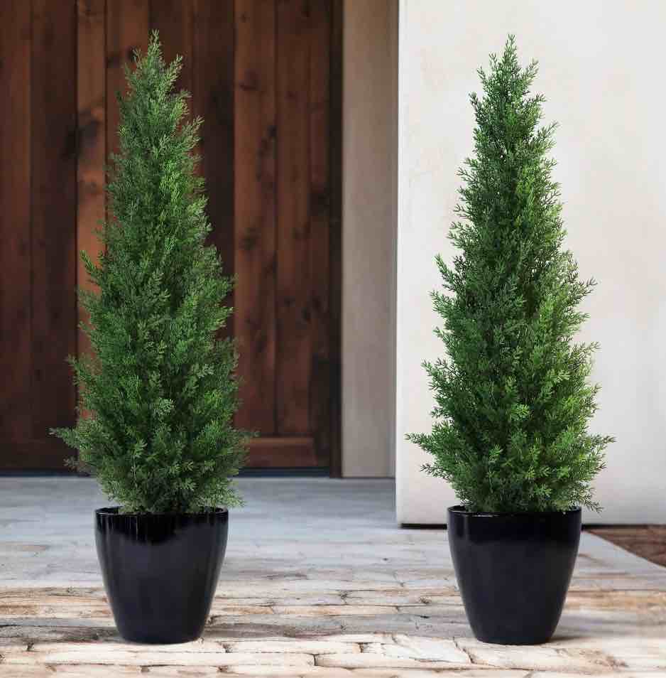 Artificial Cedar Tree 2 Pack 3 ft Outdoor Artificial Topiary Cedar Plants Fake Tree UV Rated Potted Plants for Porch Decor Faux Pine Tree for Perfect Housewarming Gift