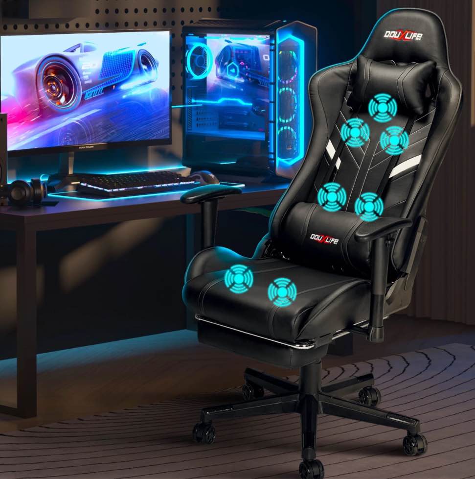 Douxlife 7-Point Massage Gaming Chair with Footrest, 175° Reclining, Ergonomic Racing High Back Home Office Computer Chair, Video Game Chair for Adults Kids