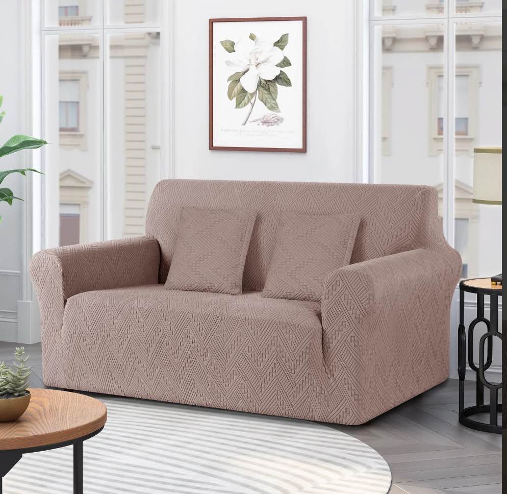Timeles 1 Piece Stretch Loveseat Sofa Covers Non Slip Couch Covers Soft Jacquard Sofa Slipcover Washable Furniture Protector with 2 Throw Pillow Covers (2 Seater, Khaki)