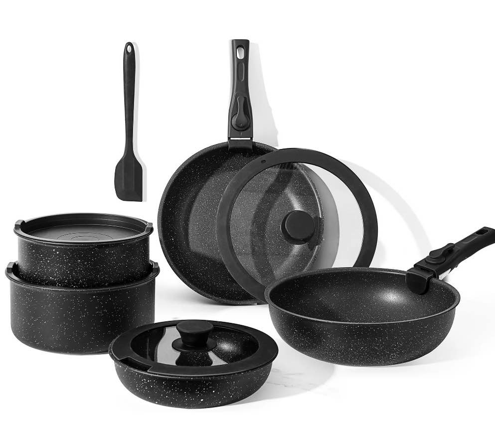edx 12pcs Non-Stick Cookware Set, Pots and Pans Set with Detachable Handle for Kitchen, Black