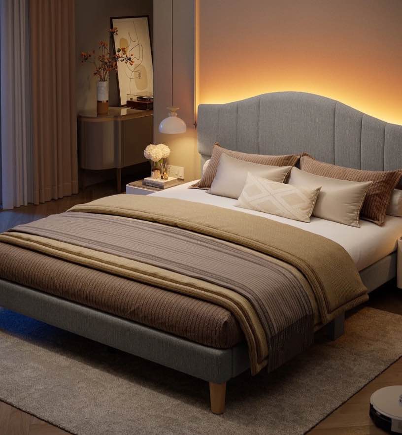 Pinmoco Full Upholstered Bed Frame with Adjustable Arc-shaped Headboard, LED Platform Bed, Fabric Gray