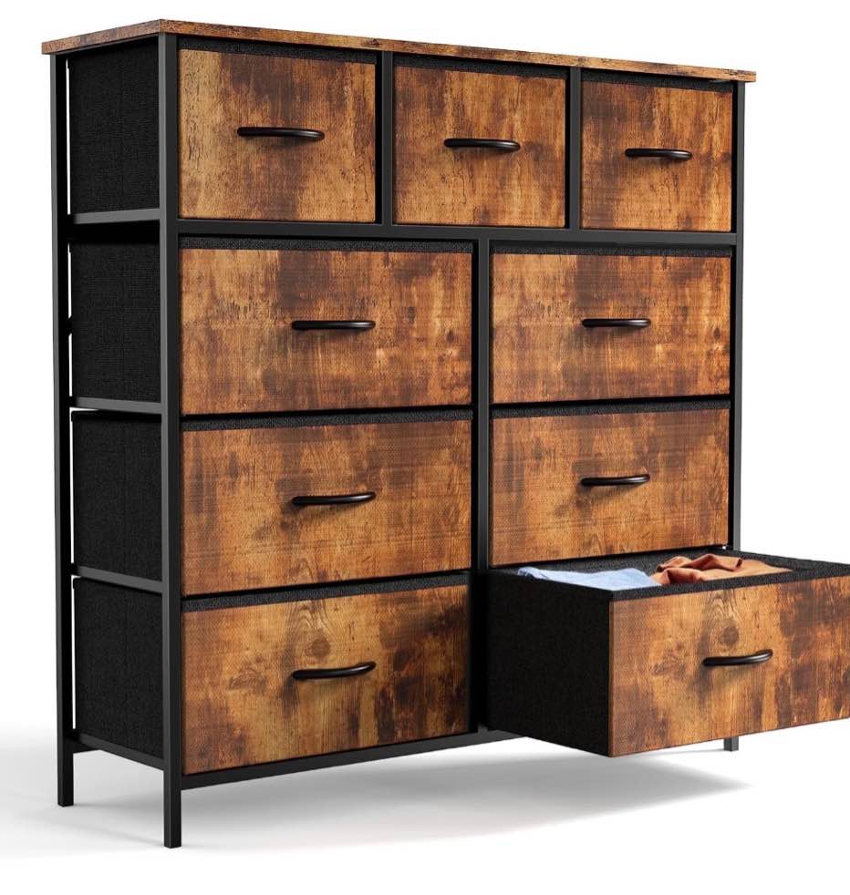 ZUNMOS 9 Drawer Fabric Dresser for Bedroom, Chest of Drawer Organizer Storage Cabinet for Closet, Entryway, Rust Brown