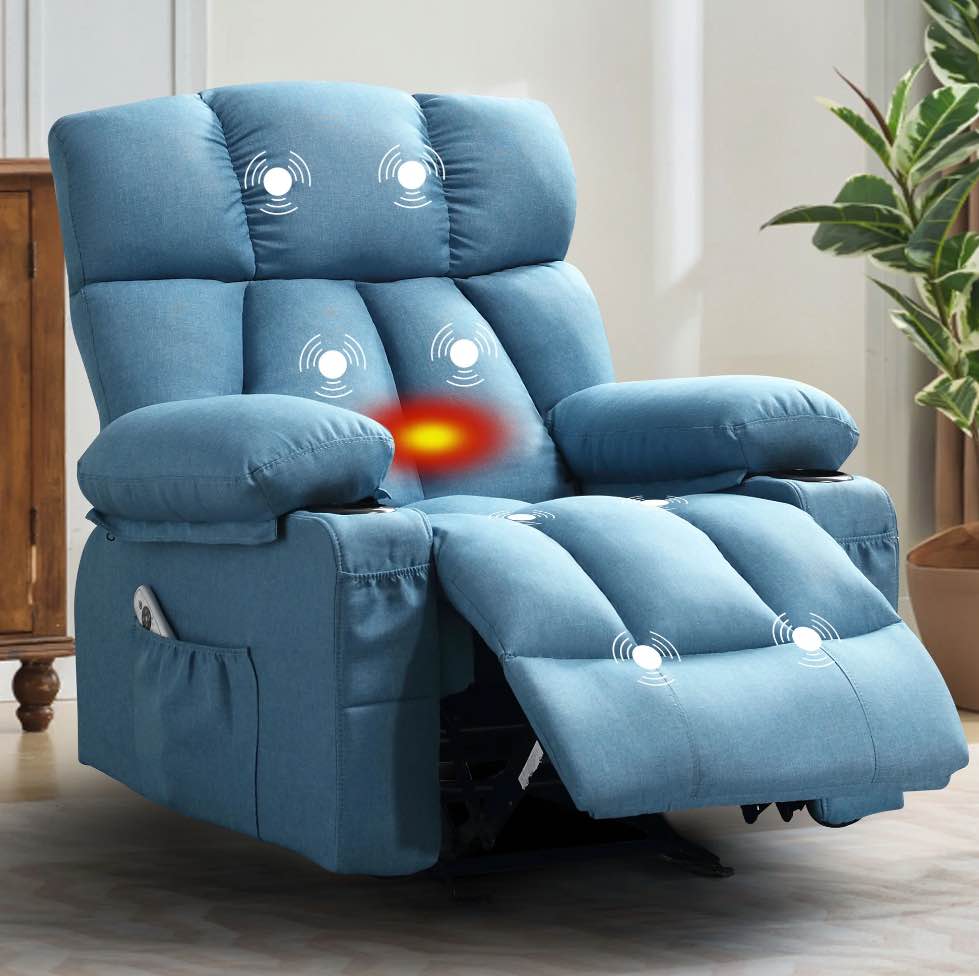 JONPONY Manual Recliner Chair with Heat Therapy and Massage Function, Heavy Duty Reclining Mechanism Massage Chair, Elderly Single Rocker Sofa with Cup Holders for Bedroom Home Theater,Ligth Blue