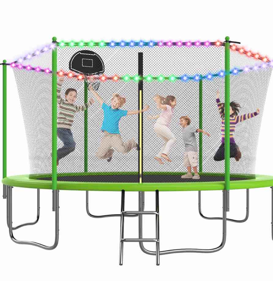 OVATOYS 1400LBS 14FT Trampoline for Adults and Kids,Trampoline with Enclosure,Basketball Hoop, Light,Recreational Trampoline with Ladder, Heavy Duty Trampoline Capacity for 6-7 Kids