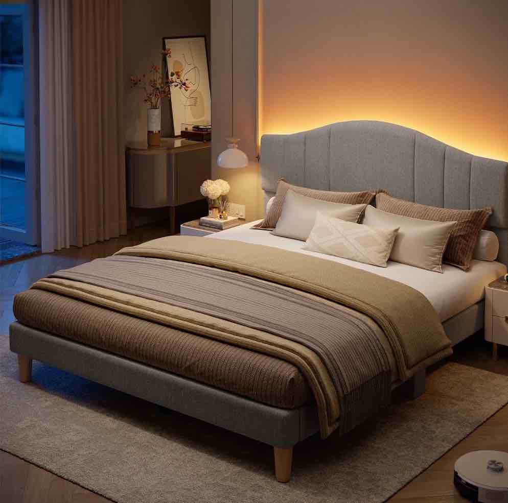 Pinmoco Full Upholstered Bed Frame with Adjustable Arc-shaped Headboard, LED Platform Bed, Fabric Gray