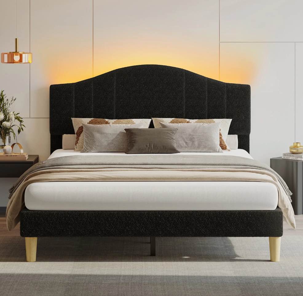 Pinmoco Full Upholstered Bed Frame with Adjustable Arc-shaped Headboard, LED Platform Bed, Teddy Velvet Black