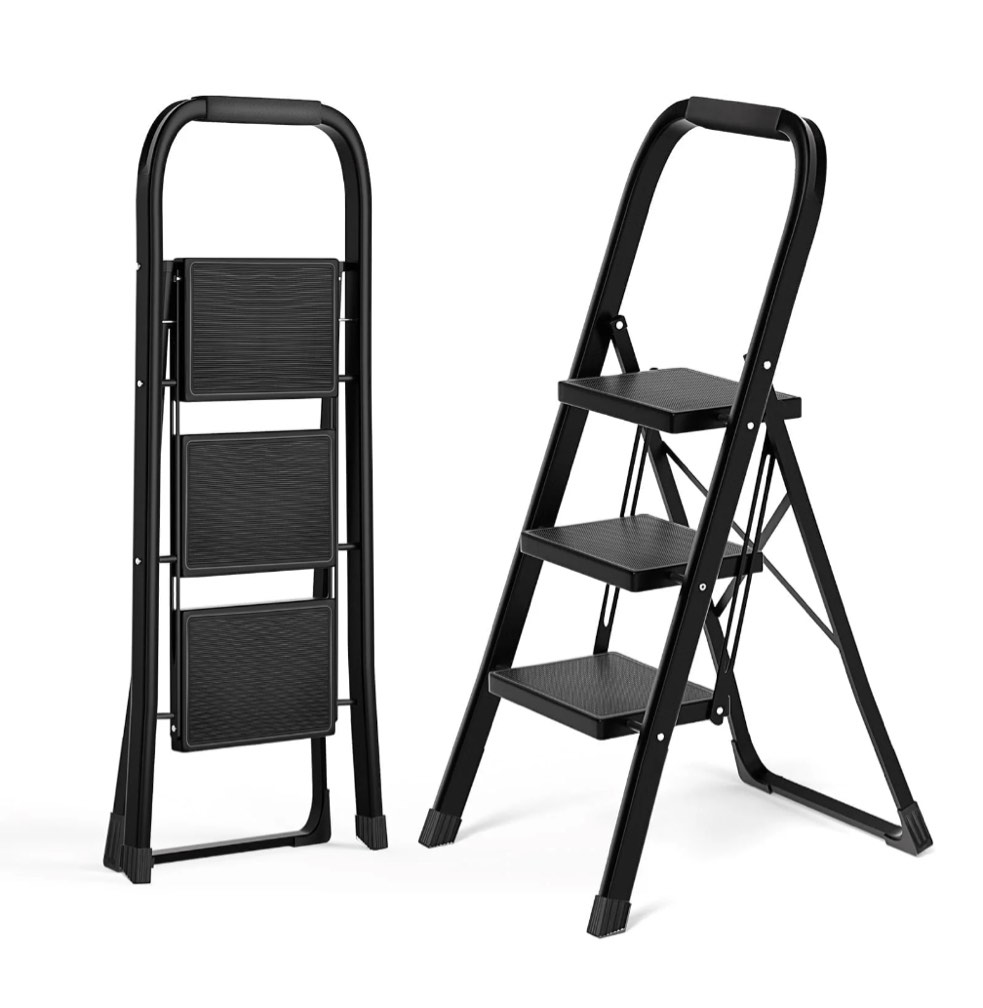 Winholder 3 Step Folding Ladder Step Stool with Wide Anti-Slip Pedal Convenient Handgrip Lightweight 330lbs Sturdy Portable Household Steel Ladder for Home Kitchen Closet