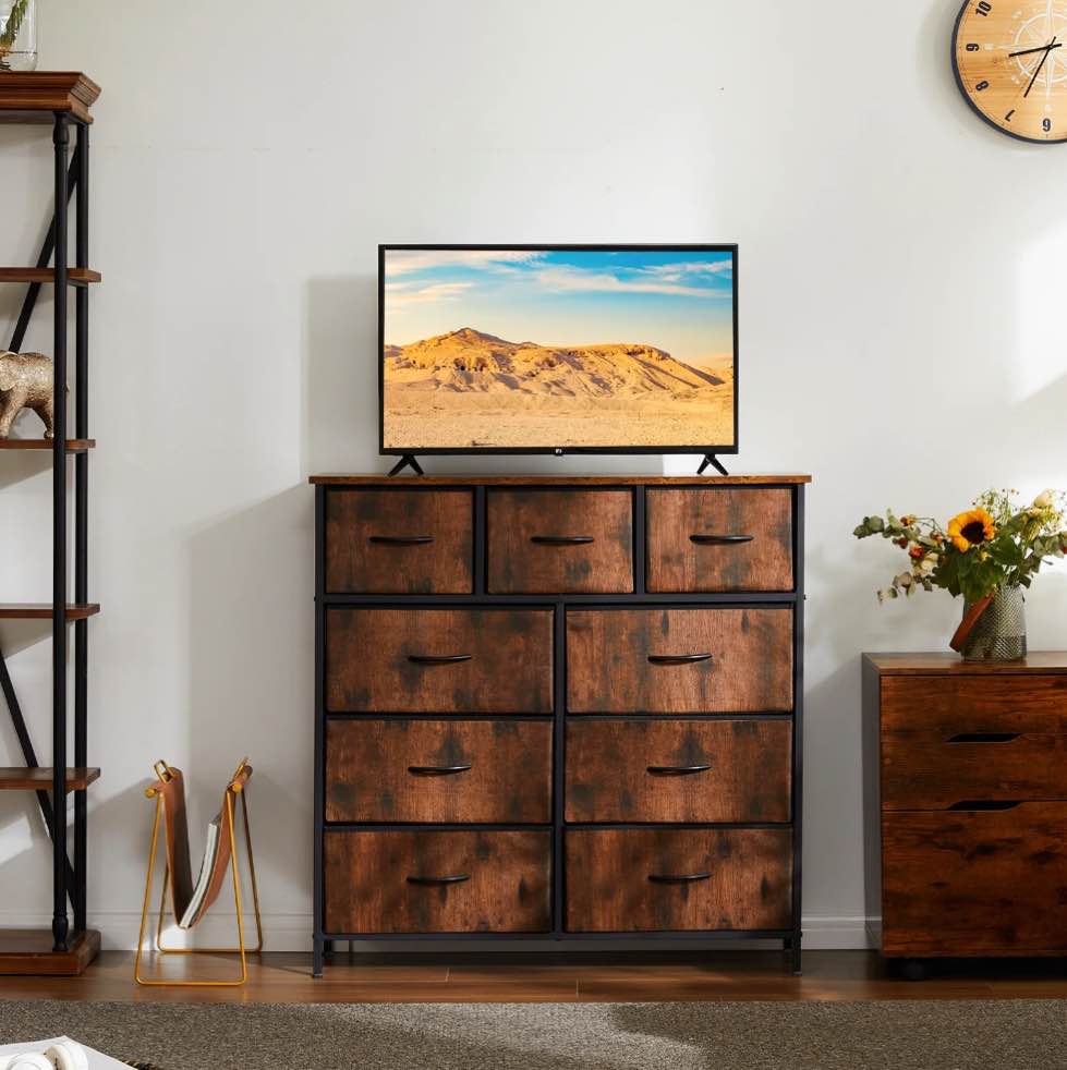 JIOABL 9 Drawer Chest Organizer with Fabric Bins, Dresser for Bedroom, Tall Steel Frame, Rustic Brown