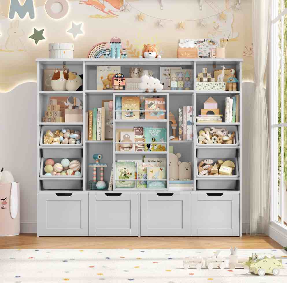 Hiphuta 55"W Kid Toy Storage Organize with Sliding Bookshelf, Kid Bookcase with 4 Removable Drawers, Toy Storage Toy Organize for Kid Bedroom Playroom, Gray