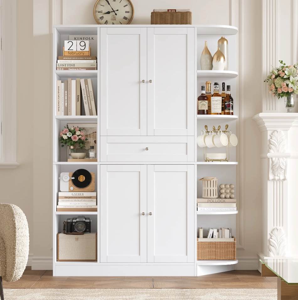 Homfa 70.9" Kitchen Pantry Storage Cabinet with Open Shelves & Drawers, 4-Door Freestanding Versatile Cupboard with Adjustable Shelves for Dining Room, White