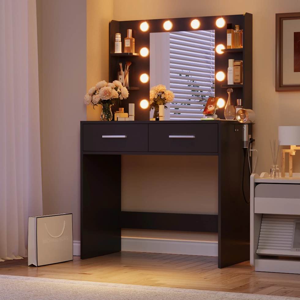Furmax Makeup Vanity Table with 3 Modes Adjustable Lights and Mirror Vanity Desk with Shelves and Drawer, Black