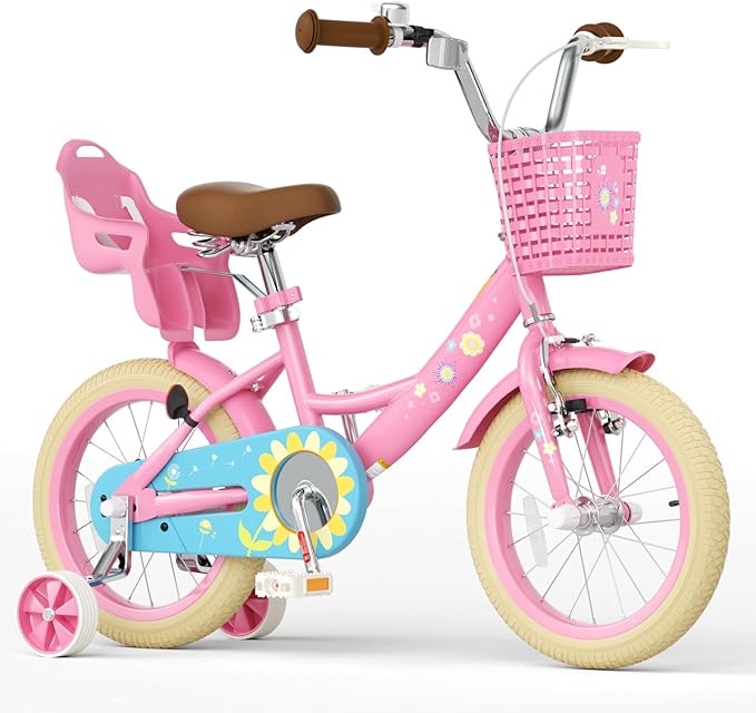 Glaf  16 Inch Girls Bike with Training Wheels for Kids Age 2-12 Years Old Toddler Girls Bike with Basket and Doll Seat Kids Bicycle Adjustable Seat