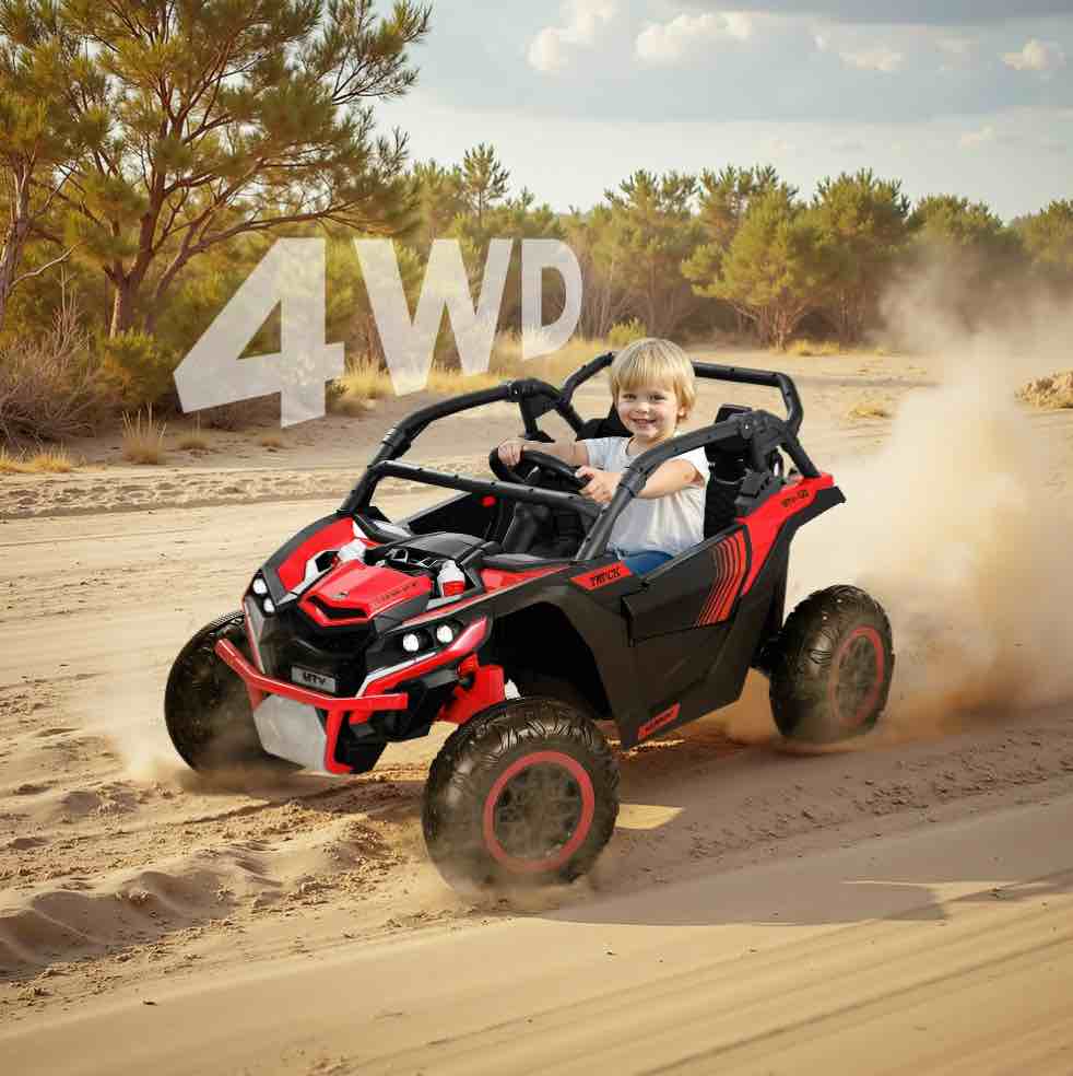 Wisairt 24V Ride on Toys 4WD Ride on Cars with Remote Control, 2 XL Seater Electric Car for Kids, Power Car Wheels, UTV w/ 4 Motors, Bluetooth, Music, Lights, 3 Speeds, Red